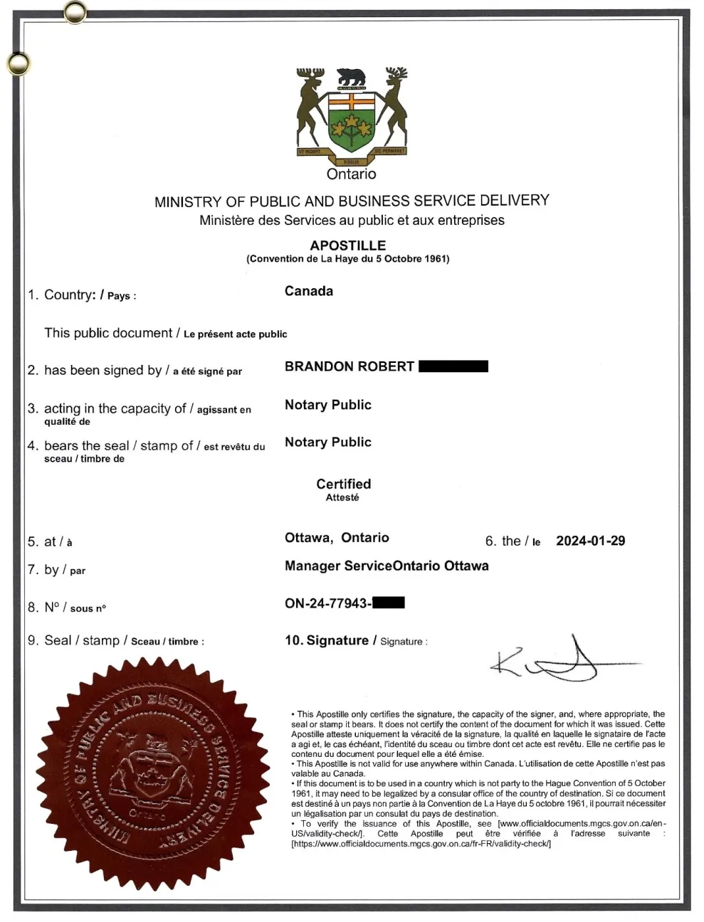 Exemple d'apostille du Canada