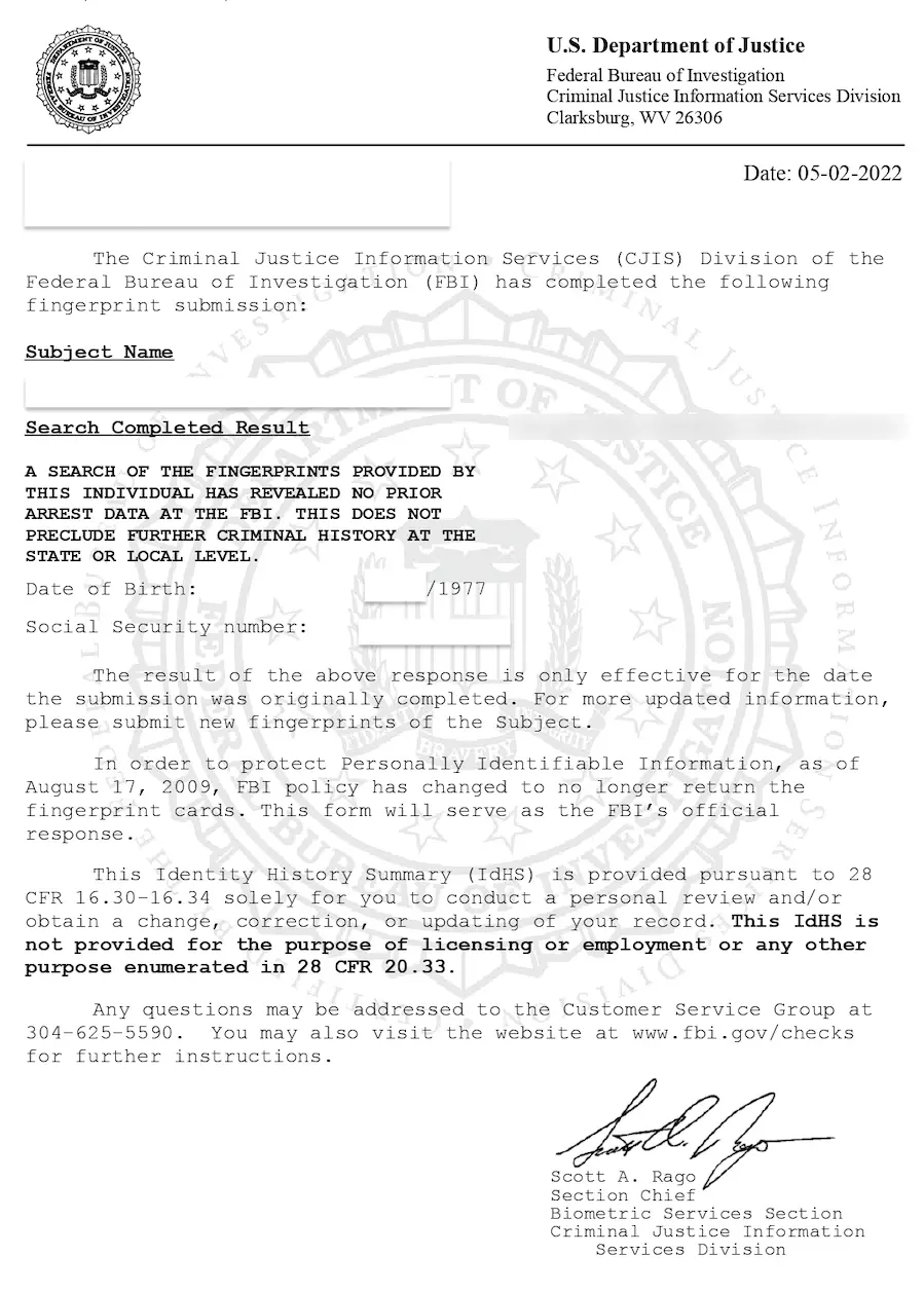 Extrait de casier judiciaire du FBI (États-Unis d'Amérique)