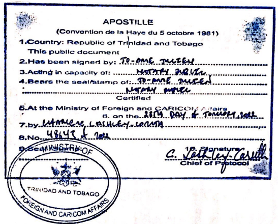 Exemple d'apostille à Trinité-et-Tobago