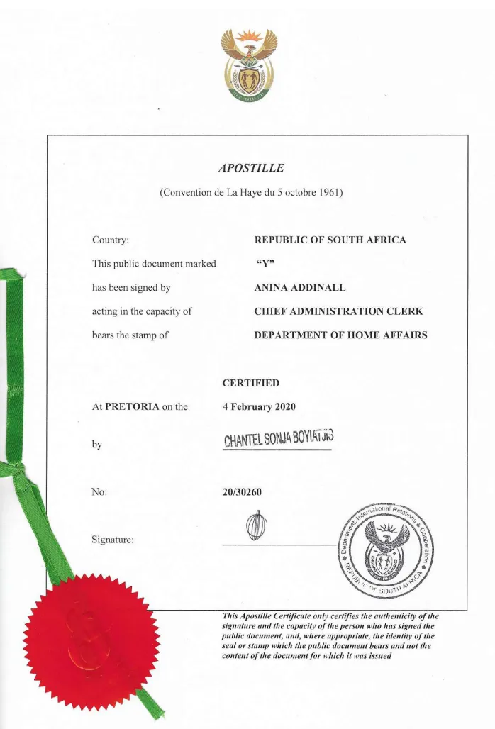 Apostille d'Afrique du Sud